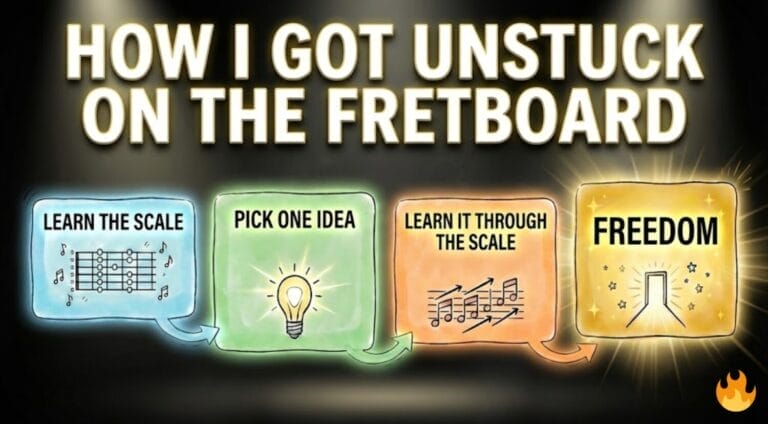 Guitar lesson thumbnail showing diatonic movement across the fretboard to unlock chord changes and melodic soloing